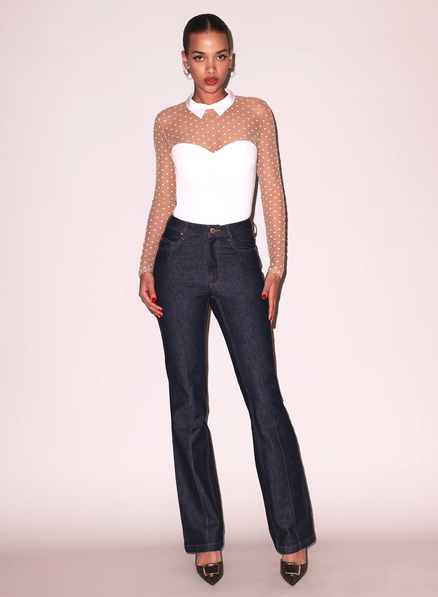 Collared Bodysuit with Dotted Tulle - Image 4