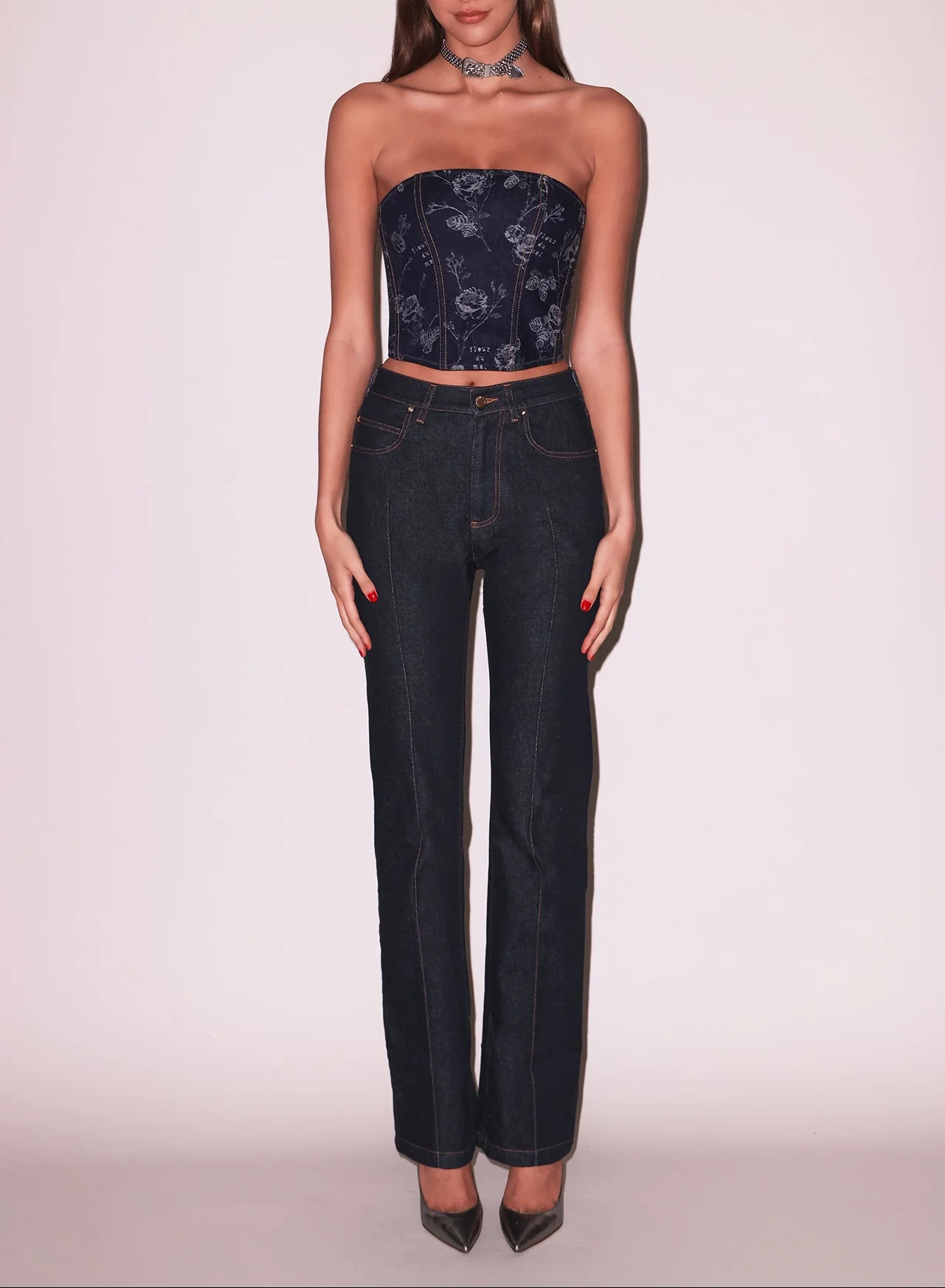 Denim Jacquard Corset Top - Image 6