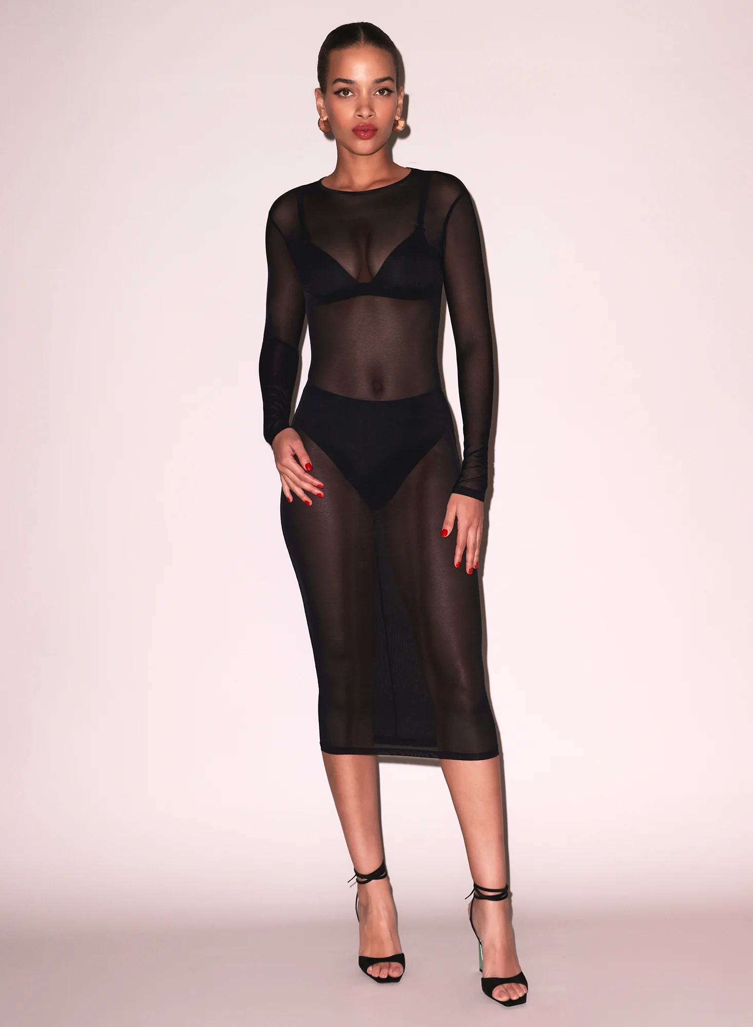 Mesh Long Sleeve Midi Dress - Image 5